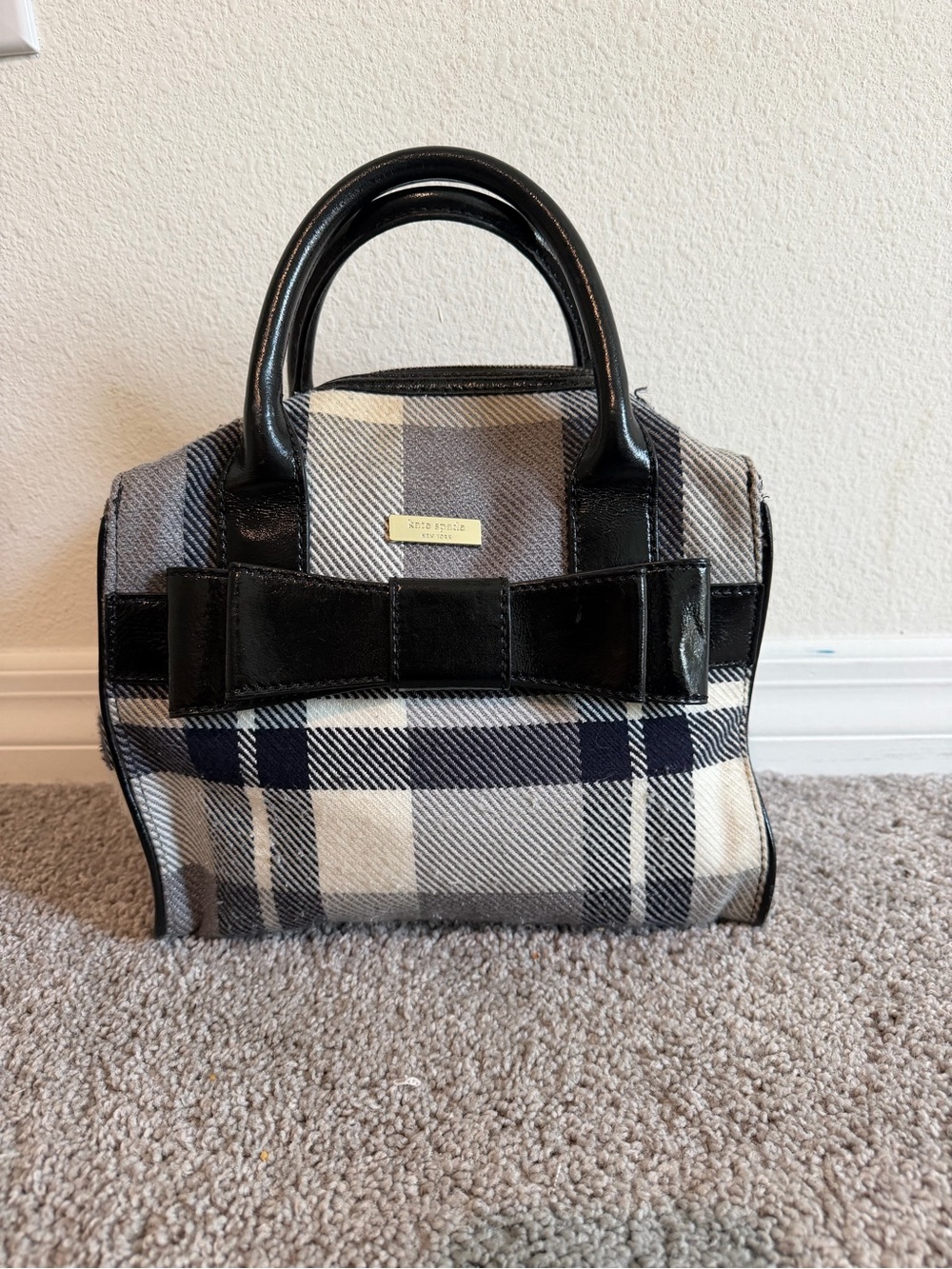 kate spade Plaid Satchel with Patent Black Bow